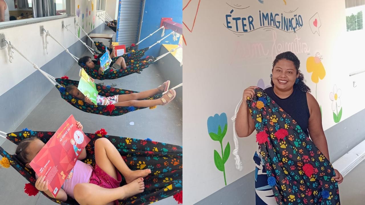 Professora costura redes e cria espaço de leitura para alunos de escola pública no ES